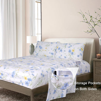 Cotton Sheet Set Floral Queen Blue Yellow Spring Flower Fitted Sheets | White Cotton Sheets with Side Pockets Deep Pockets 16" 4 Pieces Bedding Set Botanical Pattern Printing French Country Oeko