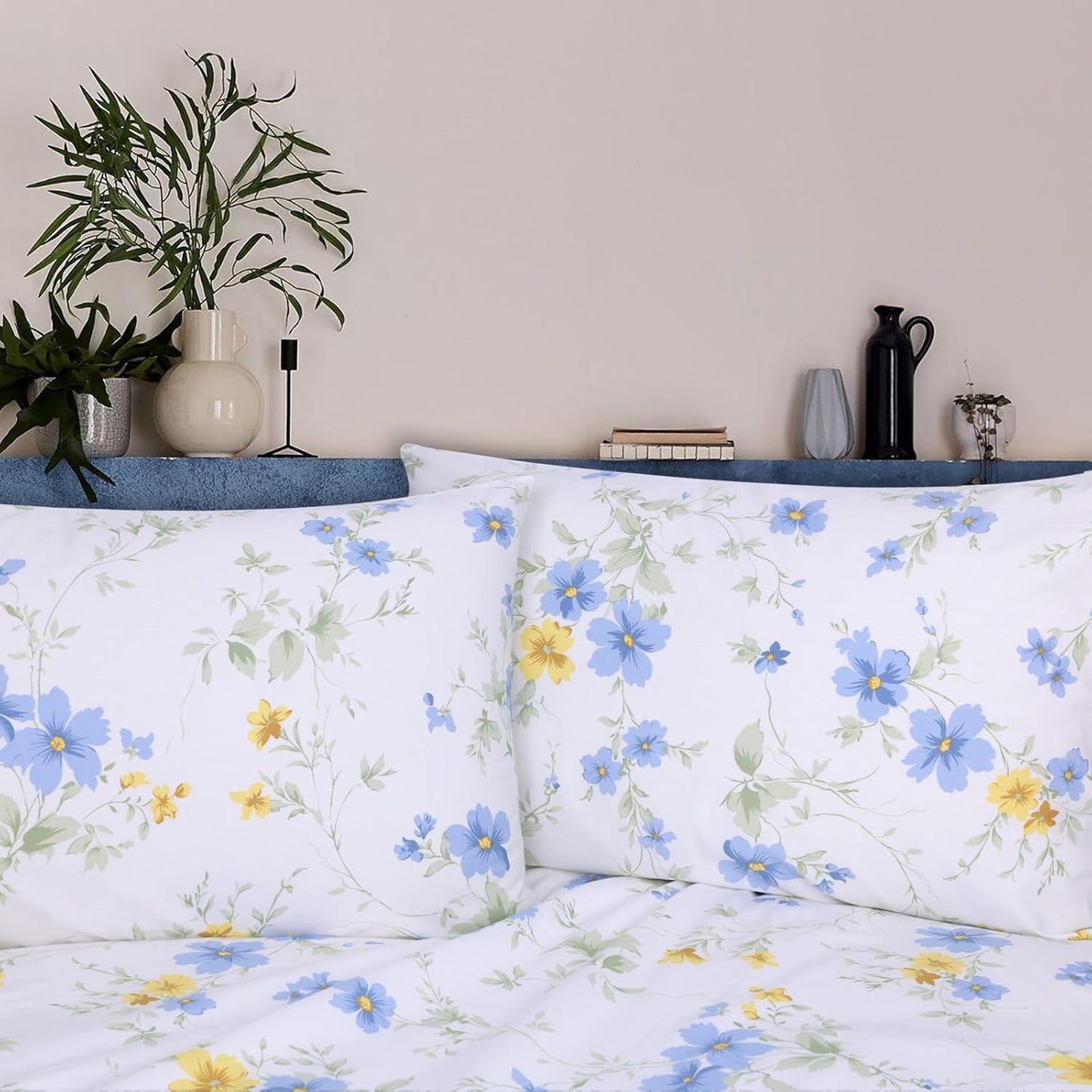 Cotton Sheet Set Floral Queen Blue Yellow Spring Flower Fitted Sheets | White Cotton Sheets with Side Pockets Deep Pockets 16" 4 Pieces Bedding Set Botanical Pattern Printing French Country Oeko