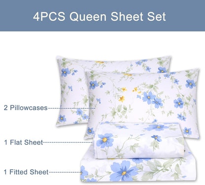 Cotton Sheet Set Floral Queen Blue Yellow Spring Flower Fitted Sheets | White Cotton Sheets with Side Pockets Deep Pockets 16" 4 Pieces Bedding Set Botanical Pattern Printing French Country Oeko