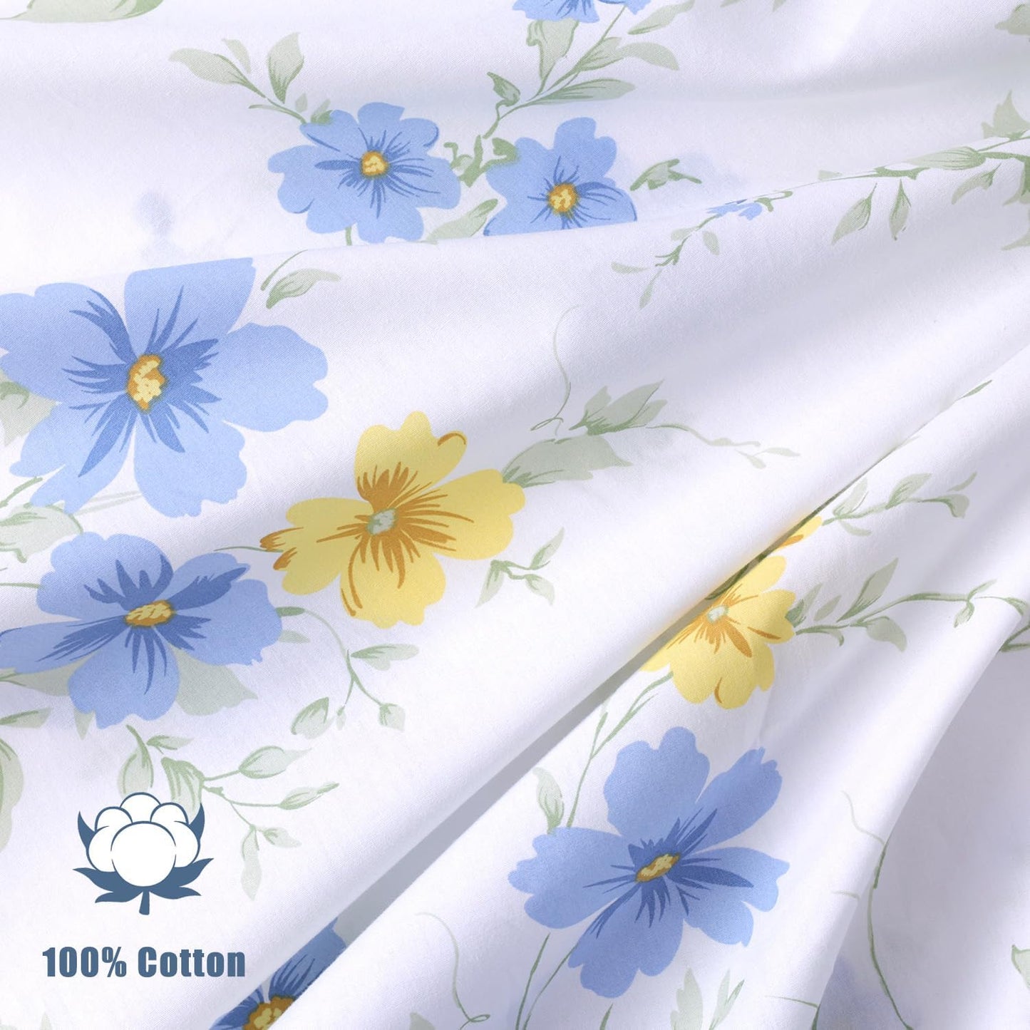Cotton Sheet Set Floral Queen Blue Yellow Spring Flower Fitted Sheets | White Cotton Sheets with Side Pockets Deep Pockets 16" 4 Pieces Bedding Set Botanical Pattern Printing French Country Oeko