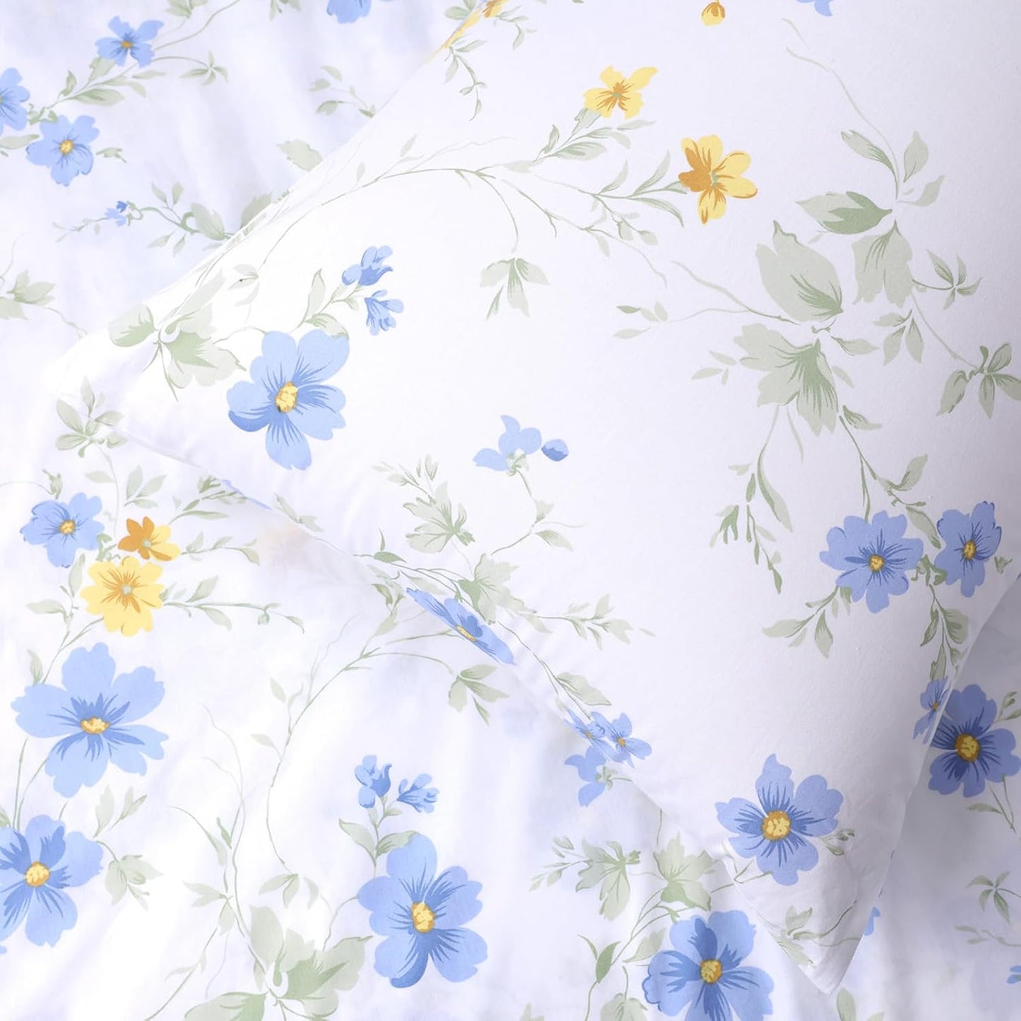Cotton Sheet Set Floral Queen Blue Yellow Spring Flower Fitted Sheets | White Cotton Sheets with Side Pockets Deep Pockets 16" 4 Pieces Bedding Set Botanical Pattern Printing French Country Oeko