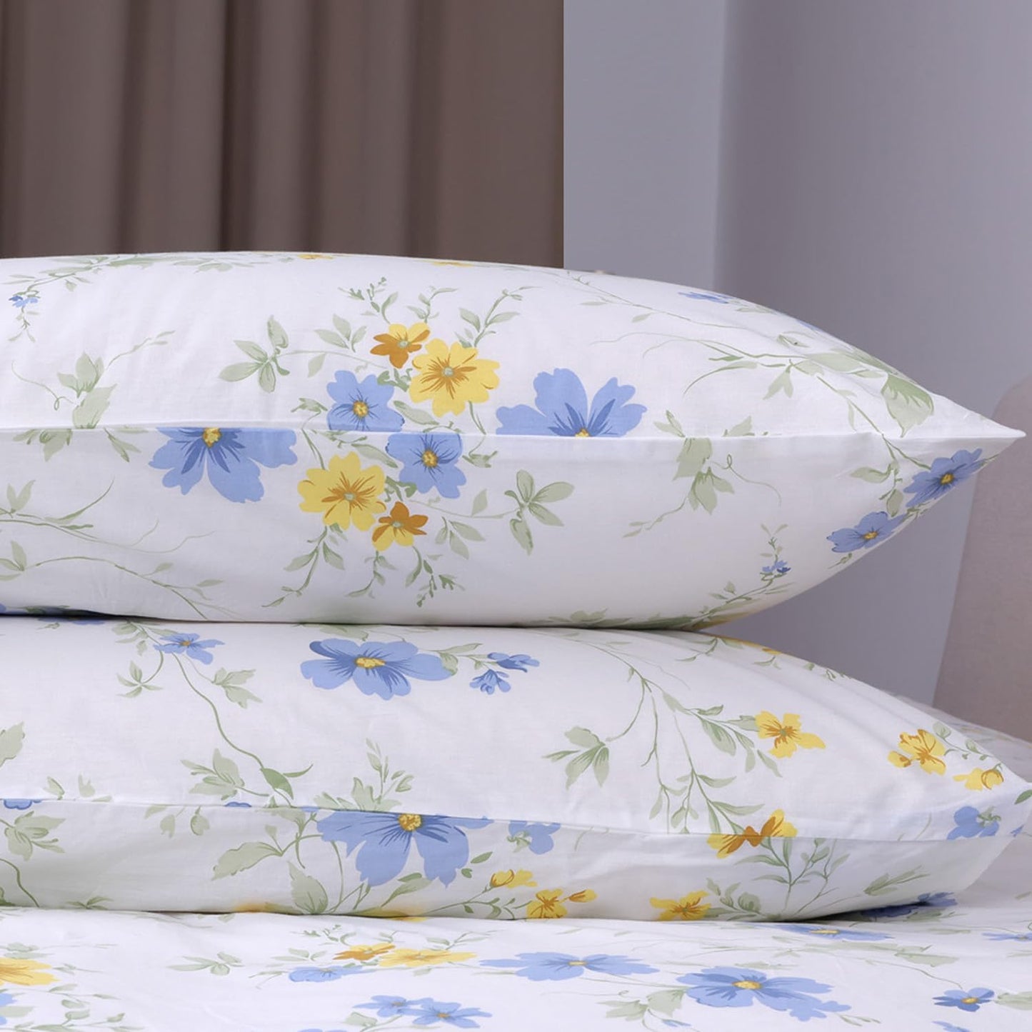 Cotton Sheet Set Floral Queen Blue Yellow Spring Flower Fitted Sheets | White Cotton Sheets with Side Pockets Deep Pockets 16" 4 Pieces Bedding Set Botanical Pattern Printing French Country Oeko