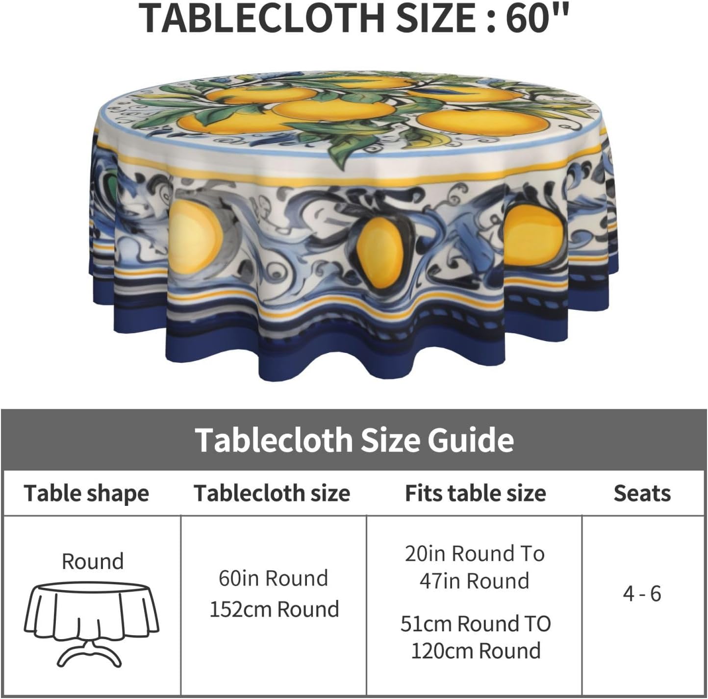 Lemon Round Tablecloth 60 Inch Washable Reusable Decoration Table Cover for Kitchen Party