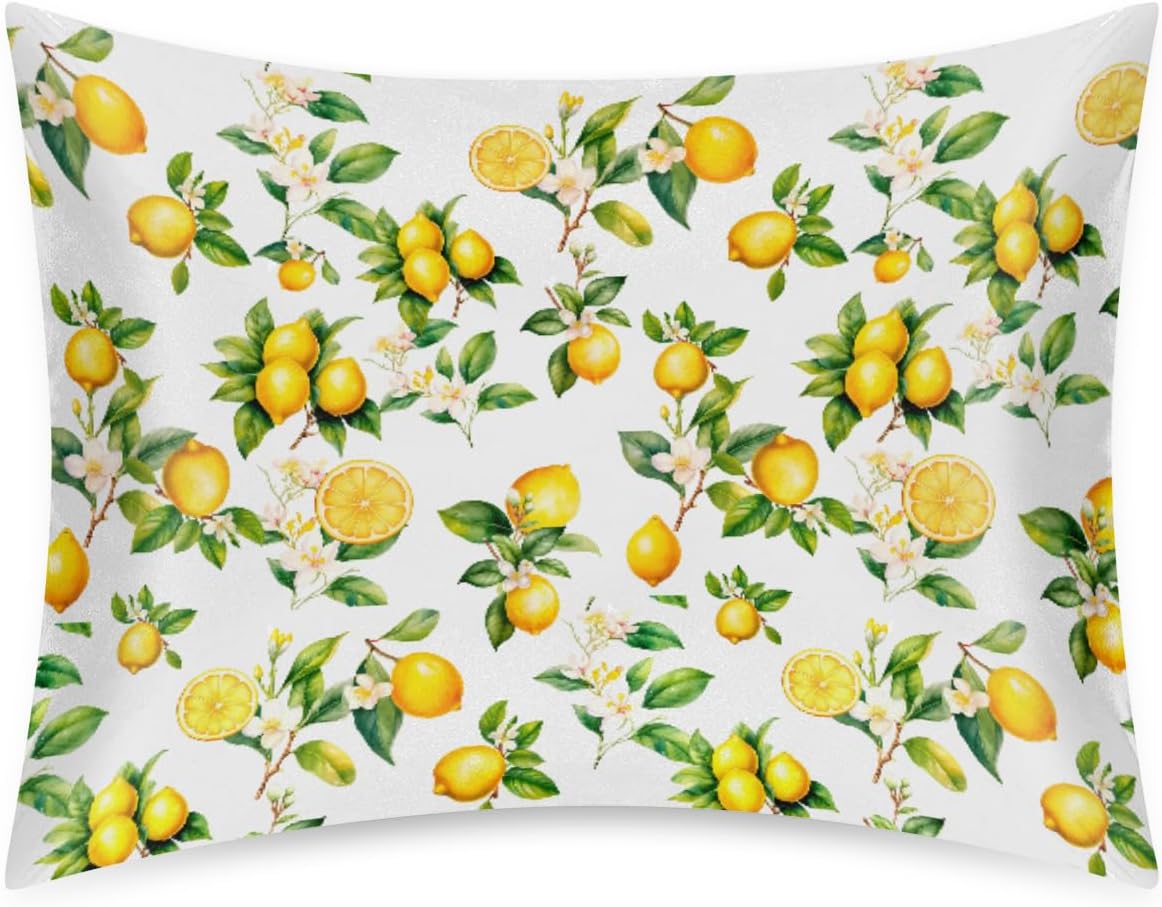 Lemon Satin Pillowcase for Hair and Skin Soft Silk Pillow Case Slip | Fruit Flower Yellow Cooling Pillow Cases with Envelope Closure Standard Size Pillow Cover for Women Men Kids Boys Girls 20x26