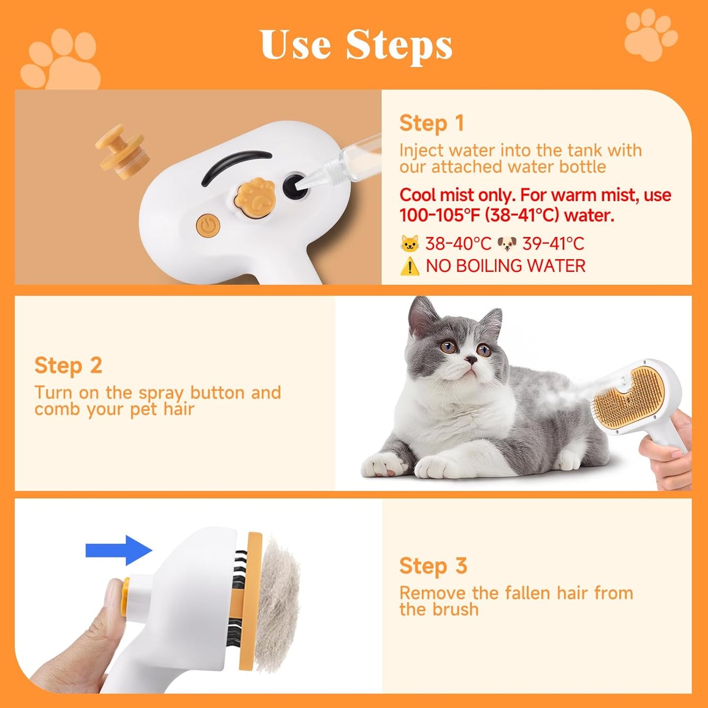 Pet Steam Brush Dog Cat 2026 New Grooming Comb for Shedding, Floating Hair, Smooth & Detangling, Gentle Cool Mist Softens Hair Reduces Static Helps Pets Who Dislike Bathing,Includes Waterless Shampoo