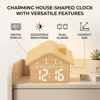 House Shaped Alarm Clock with 2 Alarms 4 Adjustable Brightness Digital LED Display Date Time Weekday for Bedside Table Nightstand Office Living Room (Yellow)