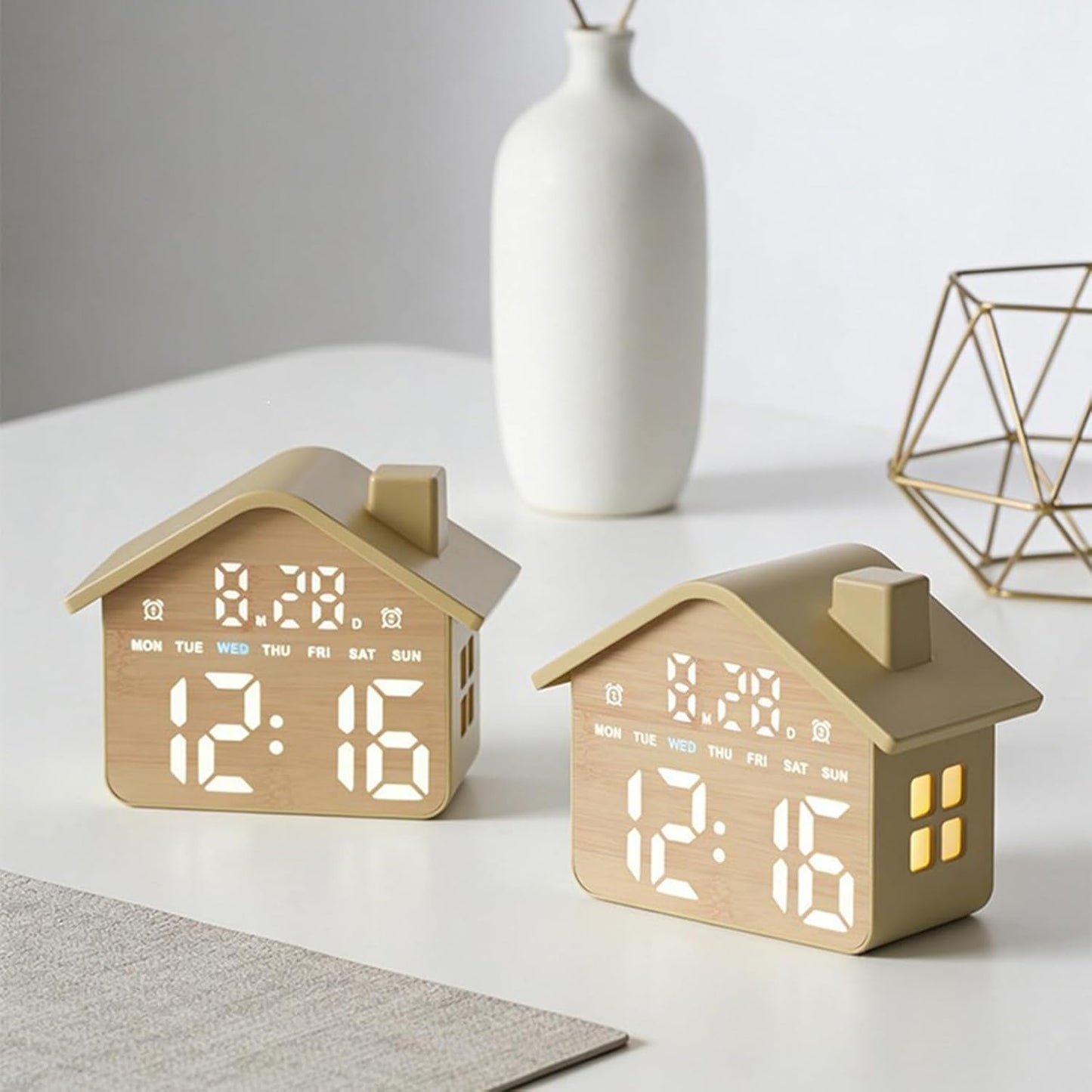 House Shaped Alarm Clock with 2 Alarms 4 Adjustable Brightness Digital LED Display Date Time Weekday for Bedside Table Nightstand Office Living Room (Yellow)
