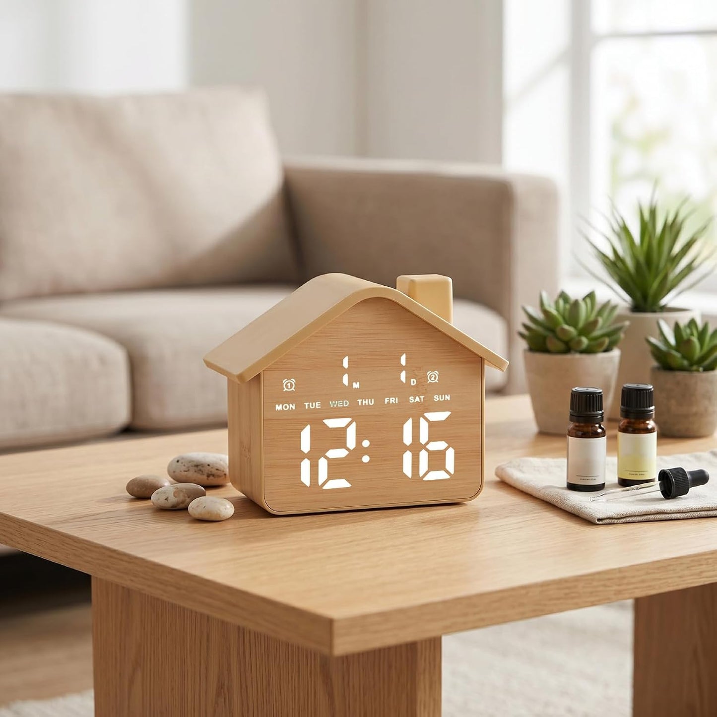 House Shaped Alarm Clock with 2 Alarms 4 Adjustable Brightness Digital LED Display Date Time Weekday for Bedside Table Nightstand Office Living Room (Yellow)