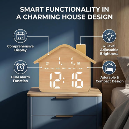 House Shaped Alarm Clock with 2 Alarms 4 Adjustable Brightness Digital LED Display Date Time Weekday for Bedside Table Nightstand Office Living Room (Yellow)