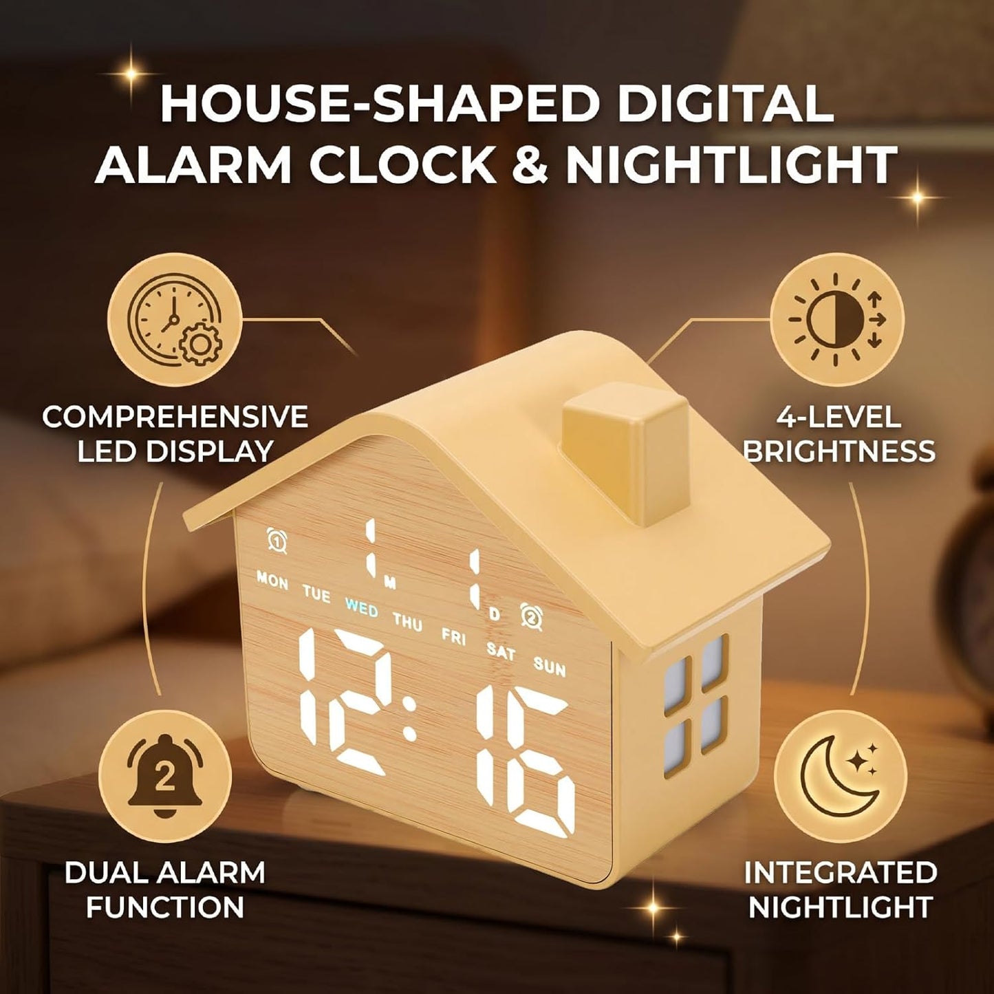 House Shaped Alarm Clock with 2 Alarms 4 Adjustable Brightness Digital LED Display Date Time Weekday for Bedside Table Nightstand Office Living Room (Yellow)