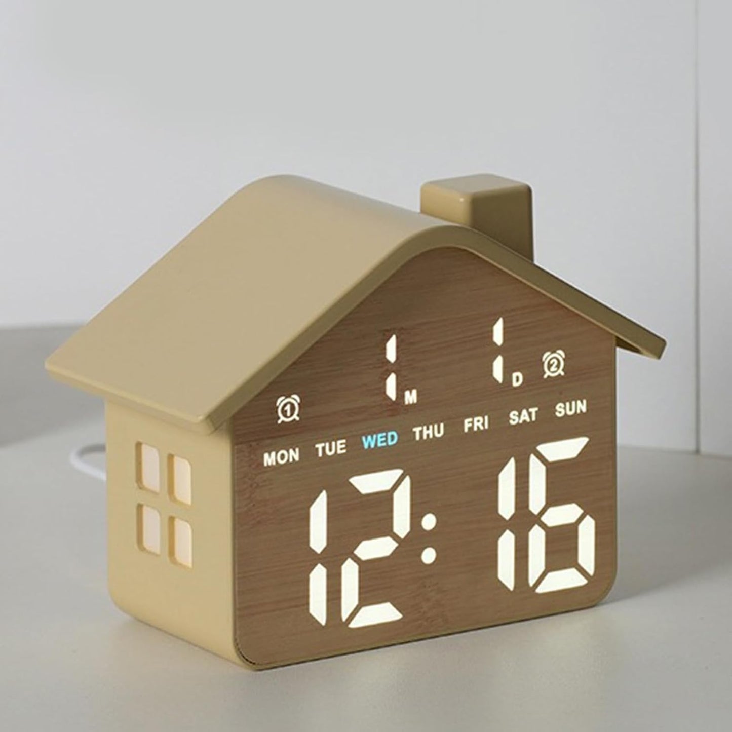 House Shaped Alarm Clock with 2 Alarms 4 Adjustable Brightness Digital LED Display Date Time Weekday for Bedside Table Nightstand Office Living Room (Yellow)