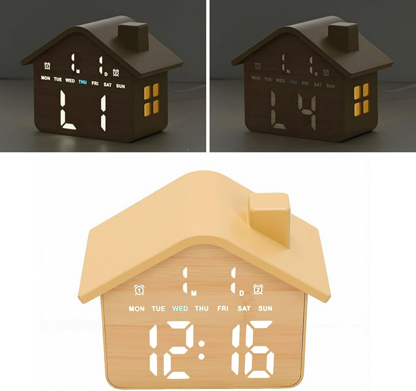 House Shaped Alarm Clock with 2 Alarms 4 Adjustable Brightness Digital LED Display Date Time Weekday for Bedside Table Nightstand Office Living Room (Yellow)