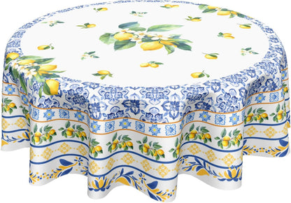 Summer Lemon Round Tablecloth 60 Inch Boho Blue Yellow Lemon Floral Pattern Circle Table Cloth Seasonal Holiday Rustic Farmhouse Table Cover for Party Kitchen Dinner Home Decor