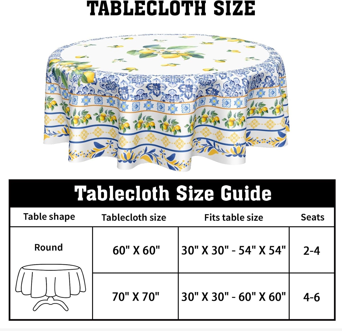 Summer Lemon Round Tablecloth 60 Inch Boho Blue Yellow Lemon Floral Pattern Circle Table Cloth Seasonal Holiday Rustic Farmhouse Table Cover for Party Kitchen Dinner Home Decor