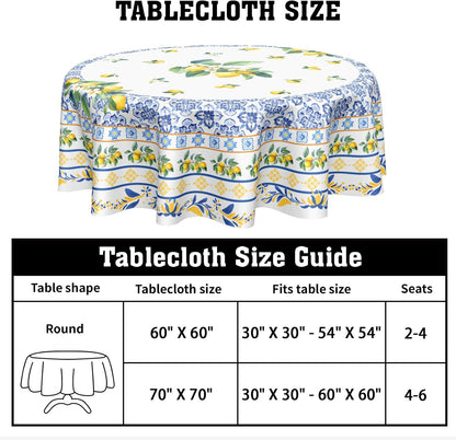 Summer Lemon Round Tablecloth 60 Inch Boho Blue Yellow Lemon Floral Pattern Circle Table Cloth Seasonal Holiday Rustic Farmhouse Table Cover for Party Kitchen Dinner Home Decor