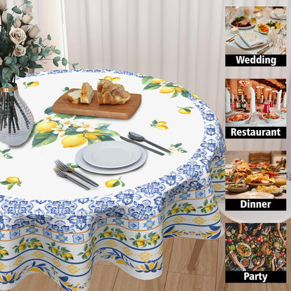 Summer Lemon Round Tablecloth 60 Inch Boho Blue Yellow Lemon Floral Pattern Circle Table Cloth Seasonal Holiday Rustic Farmhouse Table Cover for Party Kitchen Dinner Home Decor
