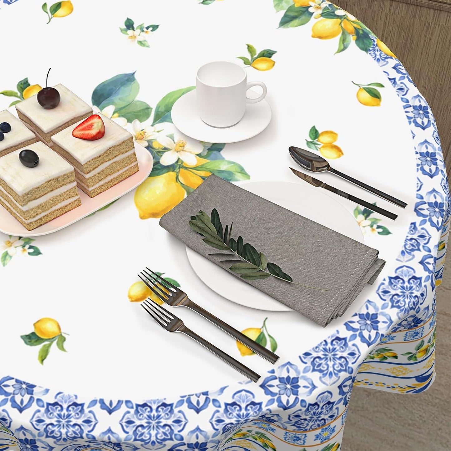 Summer Lemon Round Tablecloth 60 Inch Boho Blue Yellow Lemon Floral Pattern Circle Table Cloth Seasonal Holiday Rustic Farmhouse Table Cover for Party Kitchen Dinner Home Decor