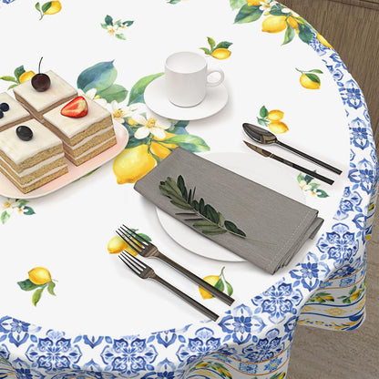 Summer Lemon Round Tablecloth 60 Inch Boho Blue Yellow Lemon Floral Pattern Circle Table Cloth Seasonal Holiday Rustic Farmhouse Table Cover for Party Kitchen Dinner Home Decor