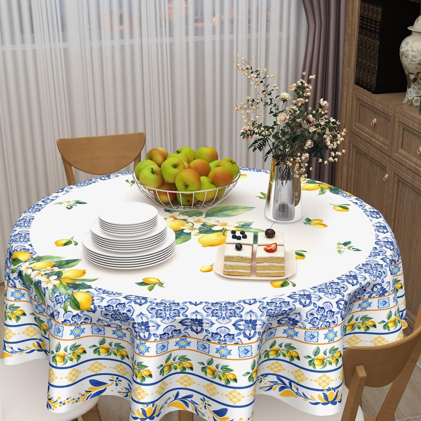 Summer Lemon Round Tablecloth 60 Inch Boho Blue Yellow Lemon Floral Pattern Circle Table Cloth Seasonal Holiday Rustic Farmhouse Table Cover for Party Kitchen Dinner Home Decor