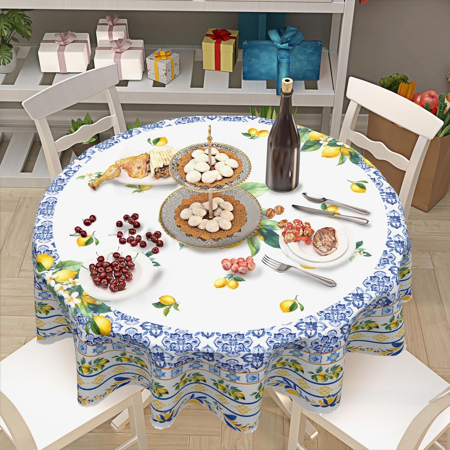 Summer Lemon Round Tablecloth 60 Inch Boho Blue Yellow Lemon Floral Pattern Circle Table Cloth Seasonal Holiday Rustic Farmhouse Table Cover for Party Kitchen Dinner Home Decor