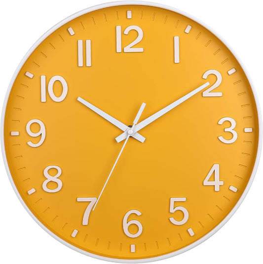 Yellow Wall Clocks Battery Operated,12 inch Silent Non Ticking Modern Wall Clock for Living Room Bedroom Kitchen Office Classroom Decor