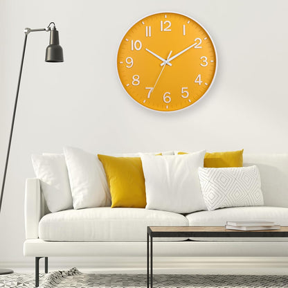 Yellow Wall Clocks Battery Operated,12 inch Silent Non Ticking Modern Wall Clock for Living Room Bedroom Kitchen Office Classroom Decor