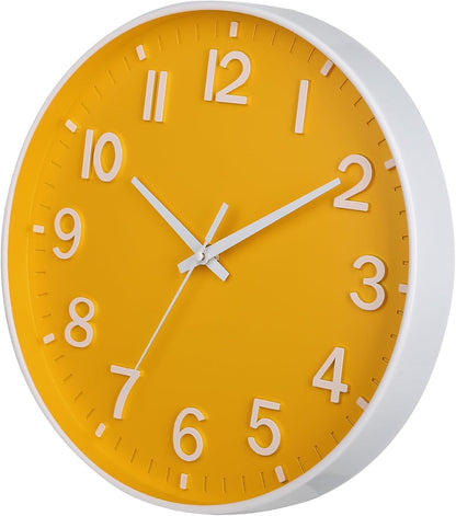 Yellow Wall Clocks Battery Operated,12 inch Silent Non Ticking Modern Wall Clock for Living Room Bedroom Kitchen Office Classroom Decor