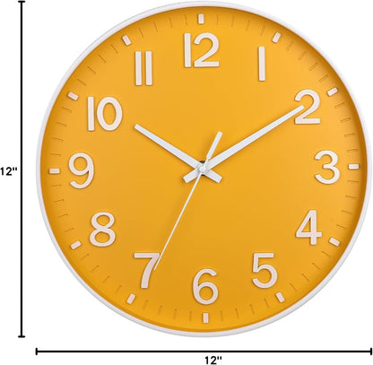Yellow Wall Clocks Battery Operated,12 inch Silent Non Ticking Modern Wall Clock for Living Room Bedroom Kitchen Office Classroom Decor