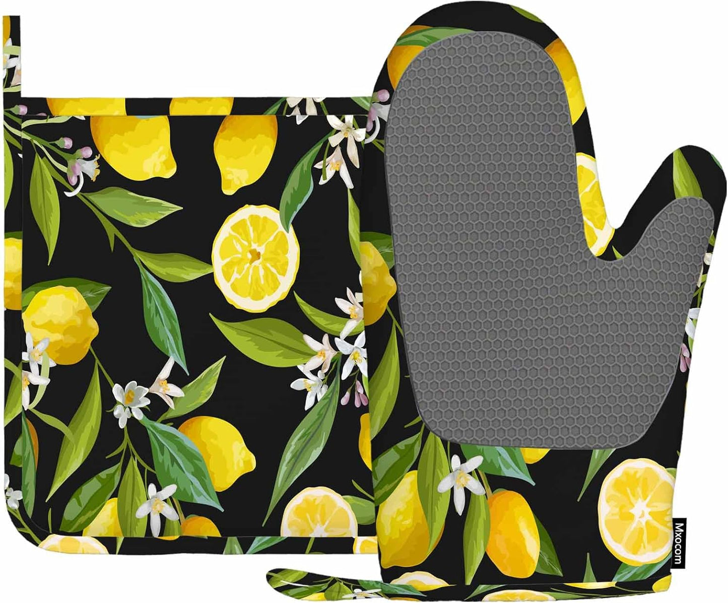 Lemon Fruits Silicone Oven Mitts and Pot Holders Sets Flowers Leaves Lemons BBQ Gloves for Kitchen,Cooking,Baking,Grilling