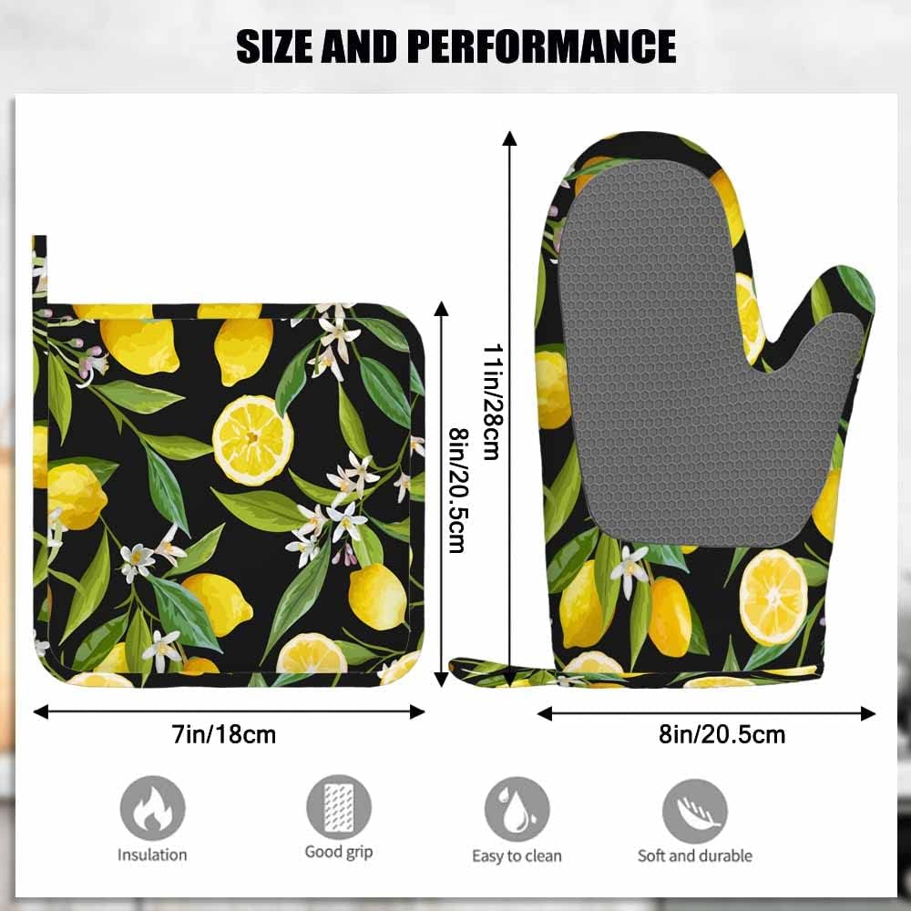 Lemon Fruits Silicone Oven Mitts and Pot Holders Sets Flowers Leaves Lemons BBQ Gloves for Kitchen,Cooking,Baking,Grilling