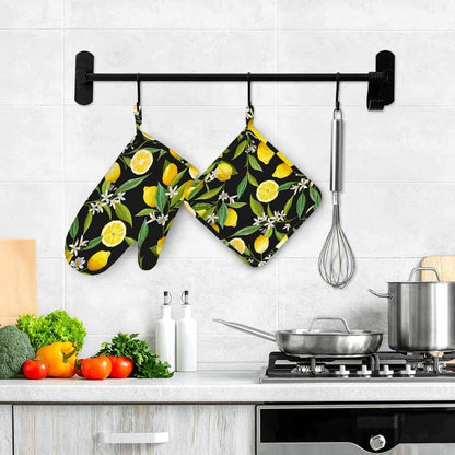 Lemon Fruits Silicone Oven Mitts and Pot Holders Sets Flowers Leaves Lemons BBQ Gloves for Kitchen,Cooking,Baking,Grilling
