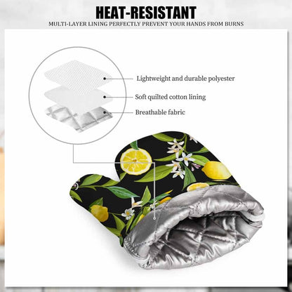 Lemon Fruits Silicone Oven Mitts and Pot Holders Sets Flowers Leaves Lemons BBQ Gloves for Kitchen,Cooking,Baking,Grilling