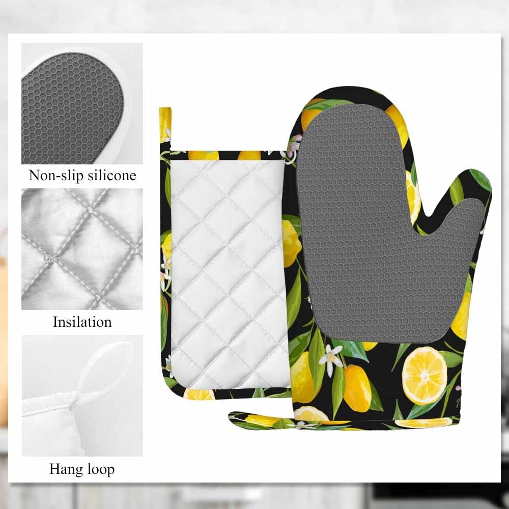 Lemon Fruits Silicone Oven Mitts and Pot Holders Sets Flowers Leaves Lemons BBQ Gloves for Kitchen,Cooking,Baking,Grilling