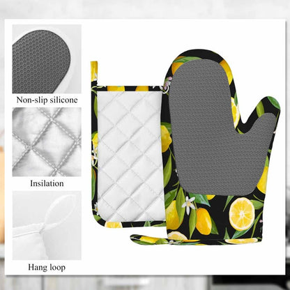 Lemon Fruits Silicone Oven Mitts and Pot Holders Sets Flowers Leaves Lemons BBQ Gloves for Kitchen,Cooking,Baking,Grilling