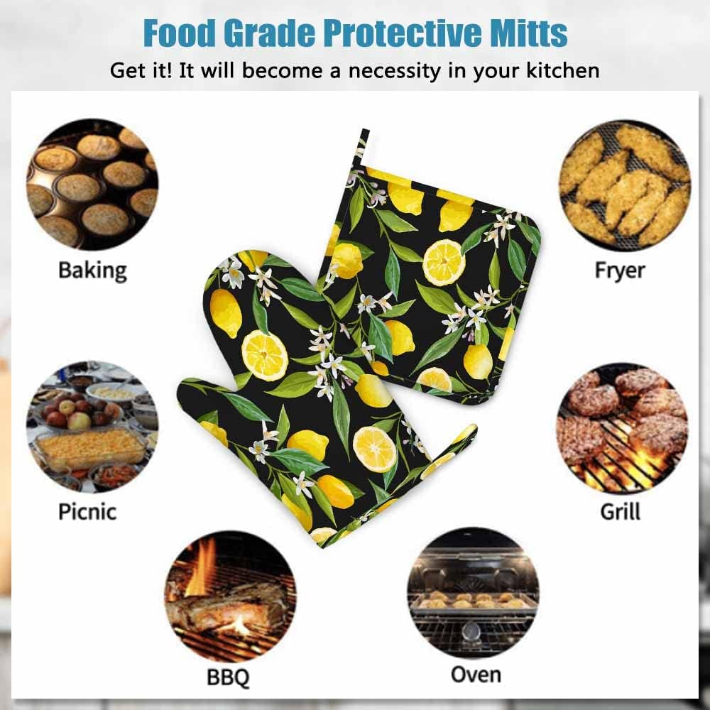 Lemon Fruits Silicone Oven Mitts and Pot Holders Sets Flowers Leaves Lemons BBQ Gloves for Kitchen,Cooking,Baking,Grilling