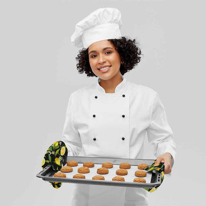 Lemon Fruits Silicone Oven Mitts and Pot Holders Sets Flowers Leaves Lemons BBQ Gloves for Kitchen,Cooking,Baking,Grilling