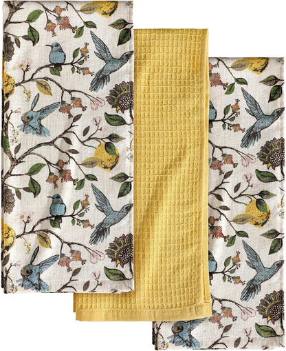 3pcs Cotton Kitchen Towels - 270 GSM 15x25 Inch Terry Cloths Reusable Dish Cloths for Cleaning Absorbent Soft Hand Tea Towels with Hanging Loop for Housewarming Home Decor, Lemon Bird