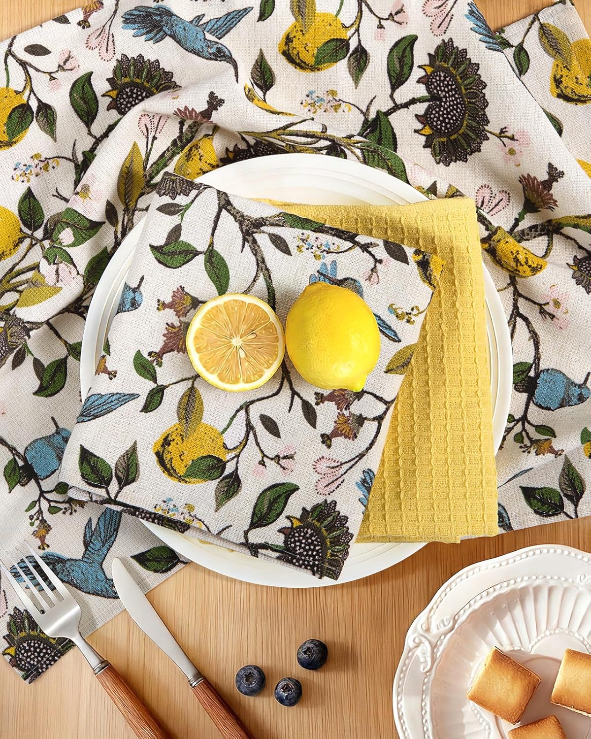 3pcs Cotton Kitchen Towels - 270 GSM 15x25 Inch Terry Cloths Reusable Dish Cloths for Cleaning Absorbent Soft Hand Tea Towels with Hanging Loop for Housewarming Home Decor, Lemon Bird