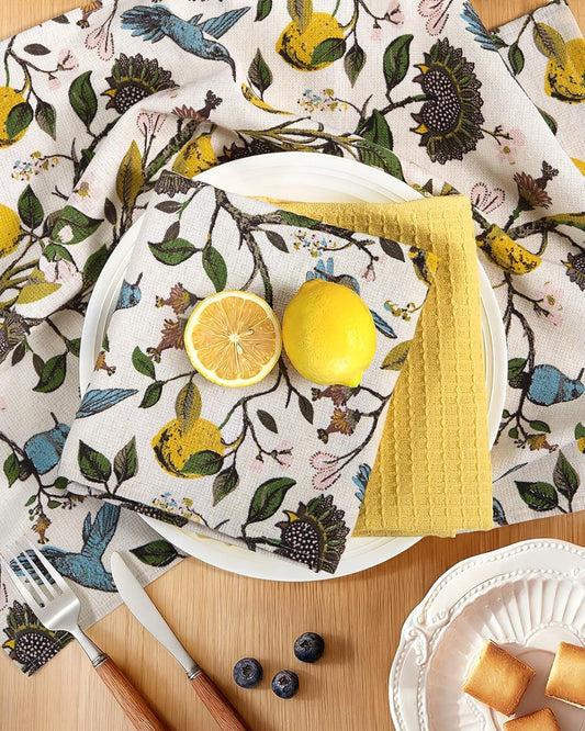 3pcs Cotton Kitchen Towels - 270 GSM 15x25 Inch Terry Cloths Reusable Dish Cloths for Cleaning Absorbent Soft Hand Tea Towels with Hanging Loop for Housewarming Home Decor, Lemon Bird