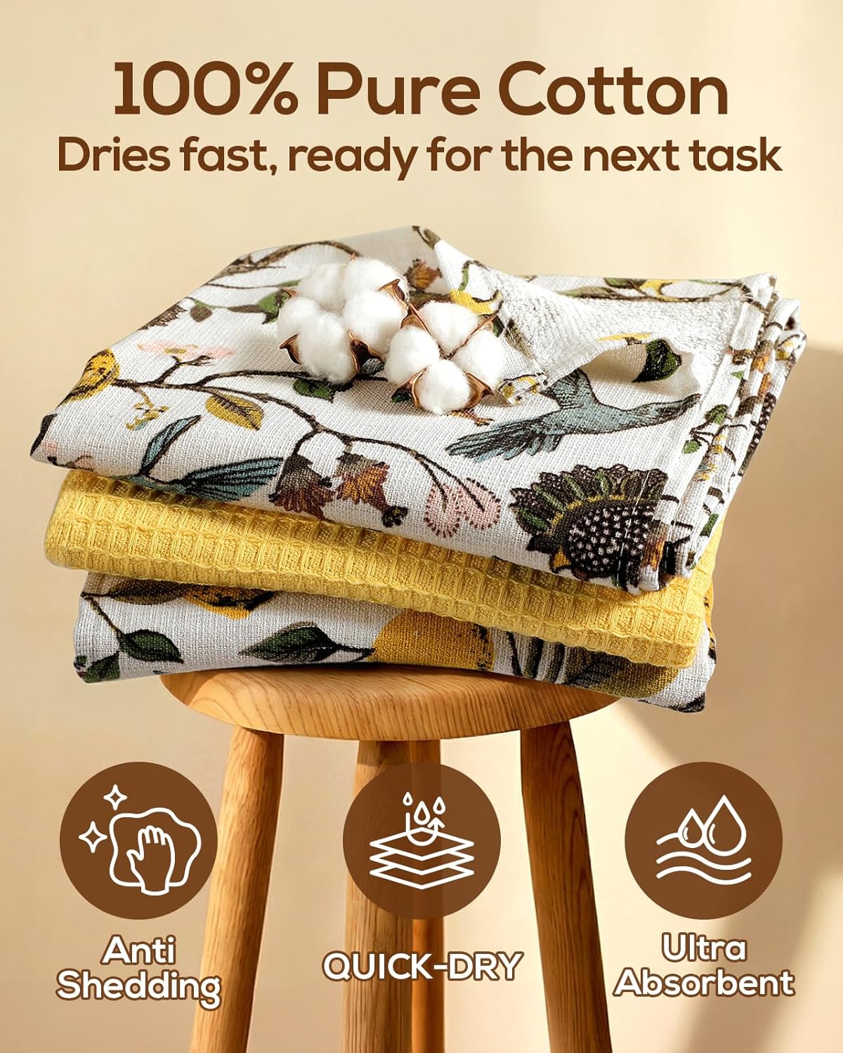 3pcs Cotton Kitchen Towels - 270 GSM 15x25 Inch Terry Cloths Reusable Dish Cloths for Cleaning Absorbent Soft Hand Tea Towels with Hanging Loop for Housewarming Home Decor, Lemon Bird