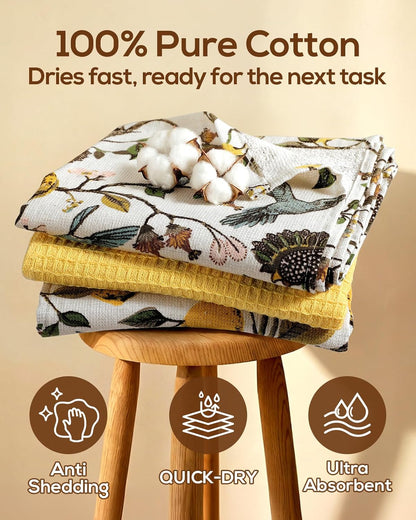 3pcs Cotton Kitchen Towels - 270 GSM 15x25 Inch Terry Cloths Reusable Dish Cloths for Cleaning Absorbent Soft Hand Tea Towels with Hanging Loop for Housewarming Home Decor, Lemon Bird