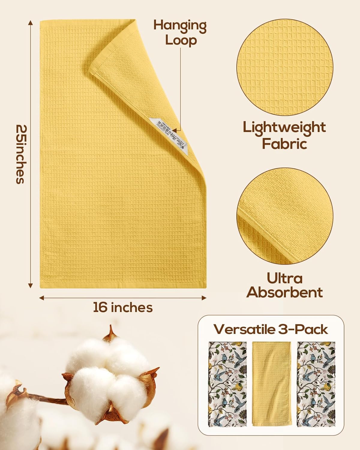 3pcs Cotton Kitchen Towels - 270 GSM 15x25 Inch Terry Cloths Reusable Dish Cloths for Cleaning Absorbent Soft Hand Tea Towels with Hanging Loop for Housewarming Home Decor, Lemon Bird