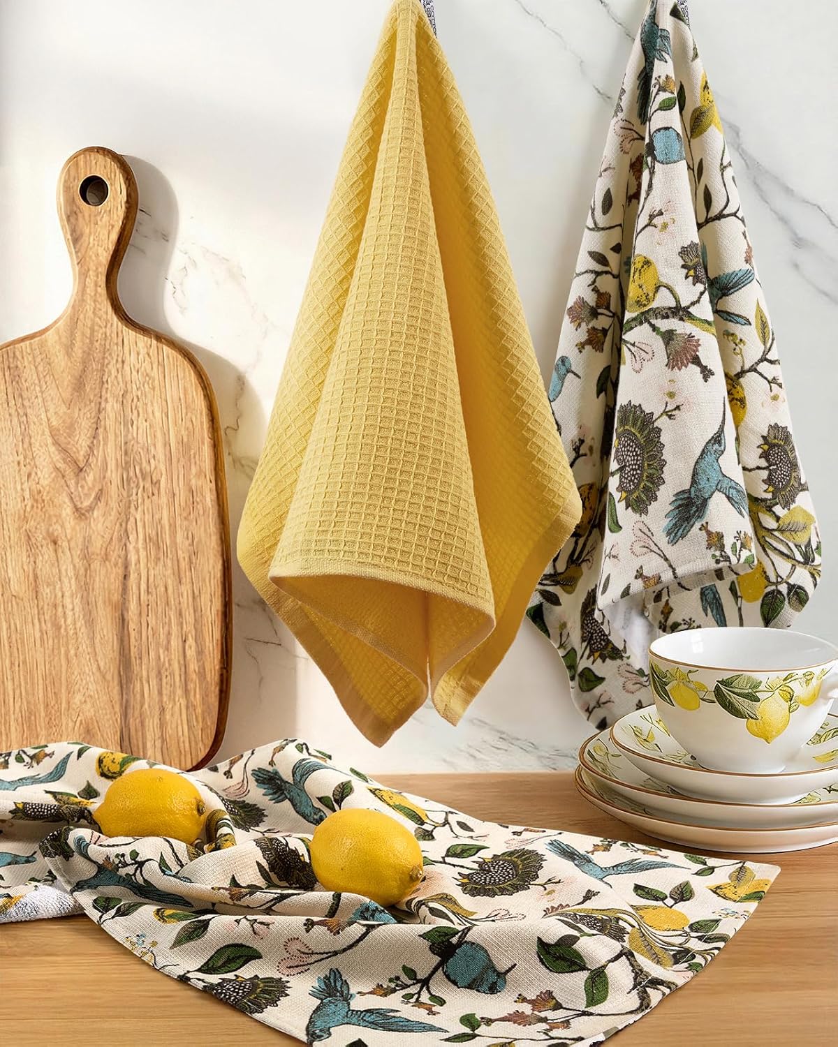 3pcs Cotton Kitchen Towels - 270 GSM 15x25 Inch Terry Cloths Reusable Dish Cloths for Cleaning Absorbent Soft Hand Tea Towels with Hanging Loop for Housewarming Home Decor, Lemon Bird