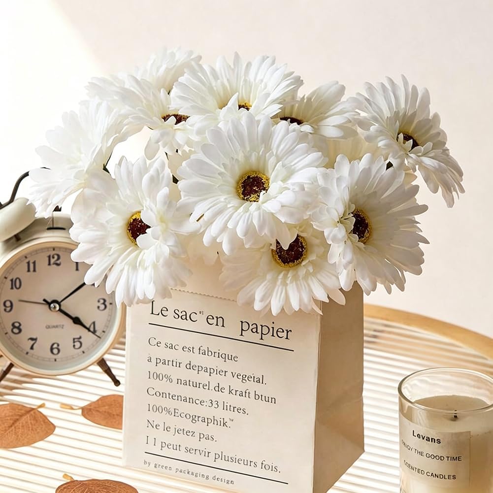 10 Pcs Artificial Gerbera Daisies Fake Daisy Flowers Bouquet Faux Flowers for Vase Centerpiece Wedding Party Floral Decor Indoor Home Decoration (Yellow)