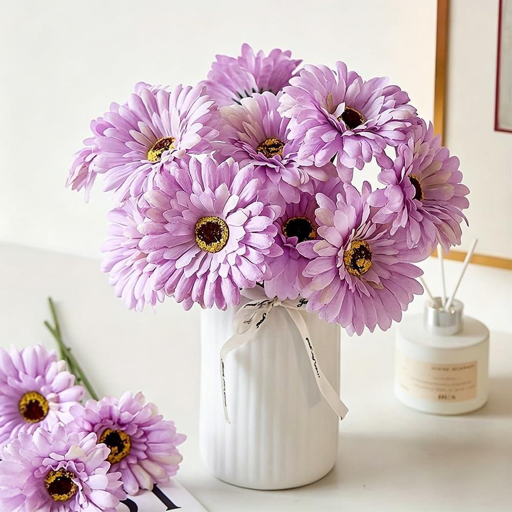 10 Pcs Artificial Gerbera Daisies Fake Daisy Flowers Bouquet Faux Flowers for Vase Centerpiece Wedding Party Floral Decor Indoor Home Decoration (Yellow)
