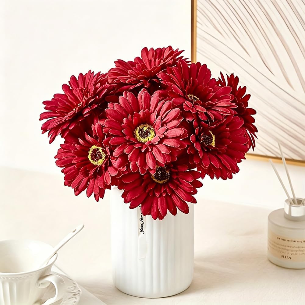 10 Pcs Artificial Gerbera Daisies Fake Daisy Flowers Bouquet Faux Flowers for Vase Centerpiece Wedding Party Floral Decor Indoor Home Decoration (Yellow)