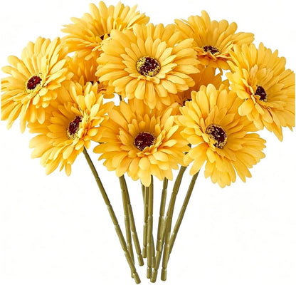 10 Pcs Artificial Gerbera Daisies Fake Daisy Flowers Bouquet Faux Flowers for Vase Centerpiece Wedding Party Floral Decor Indoor Home Decoration (Yellow)