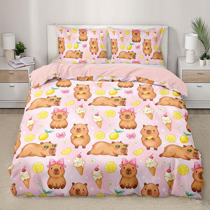 Pink Capybara Twin Duvet Cover Set, 3 Piece 1 Duvet Cover + 2 Pillowcases, Lemon Ice Cream Animal Print, Sweet Room Theme