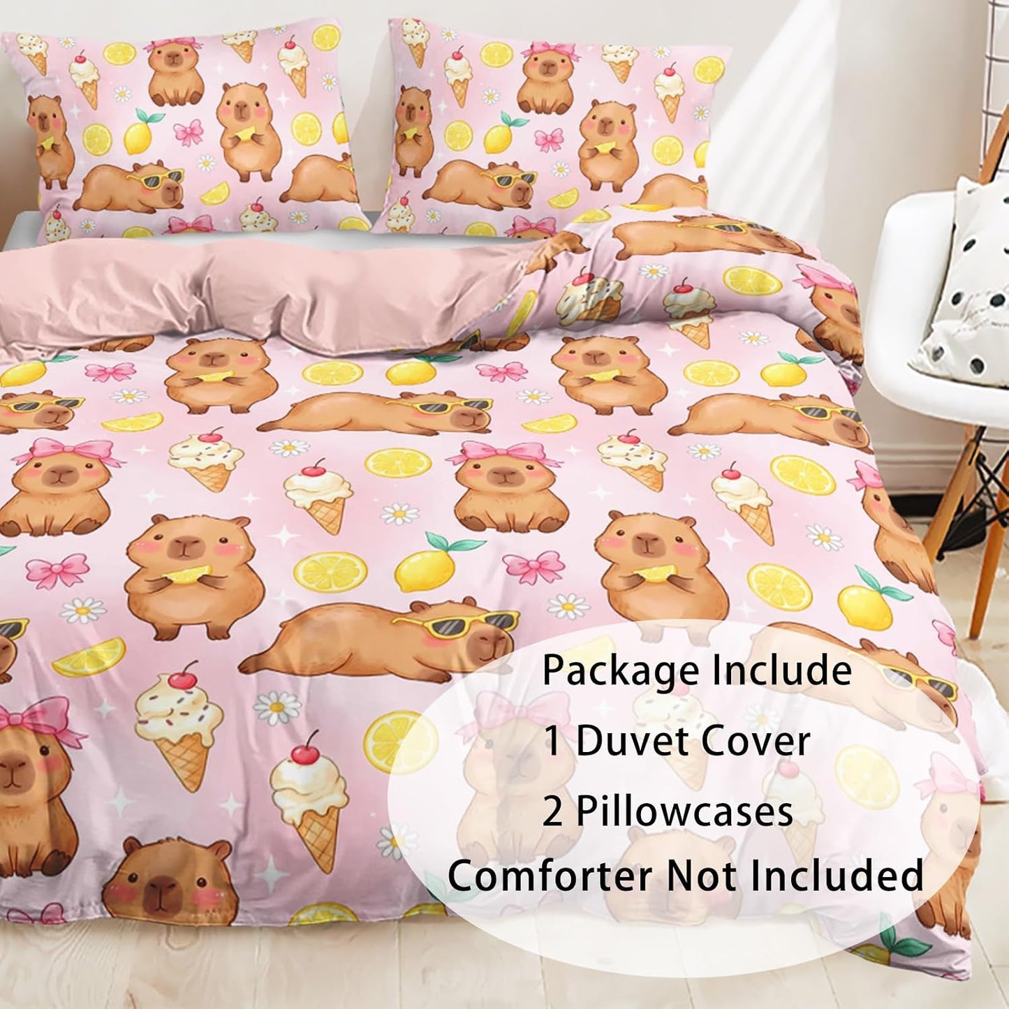Pink Capybara Twin Duvet Cover Set, 3 Piece 1 Duvet Cover + 2 Pillowcases, Lemon Ice Cream Animal Print, Sweet Room Theme