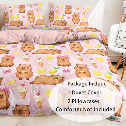 Pink Capybara Twin Duvet Cover Set, 3 Piece 1 Duvet Cover + 2 Pillowcases, Lemon Ice Cream Animal Print, Sweet Room Theme